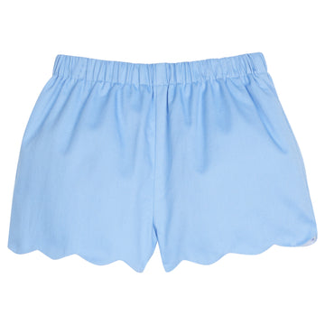 Little English classic children's clothing, girl's elastic waist shorts with scallop hem in light blue twill