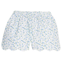 Little English traditional children's clothing.  Classic scallop hem shorts with elastic waistband in a blue and green floral for girls.