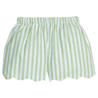 Little English traditional children's clothing.  Classic scallop hem shorts with elastic waistband in soft green and white stripe for girls.