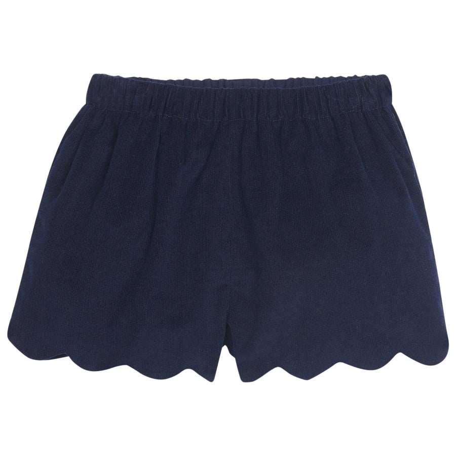 little english classic childrens clothing girls navy corduroy shorts with elastic waistband and scalloped hem