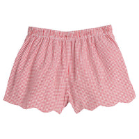 Little English girl's scallop short with elastic waistband, red seersucker gingham short for summer