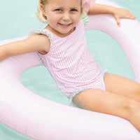 Little English traditional children's clothing. Pink striped swimsuit with scoop back and green striped ruffle details for little girls