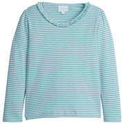 little english classic childrens clothing girls green/blue striped long sleeve tee with ruffle neckline