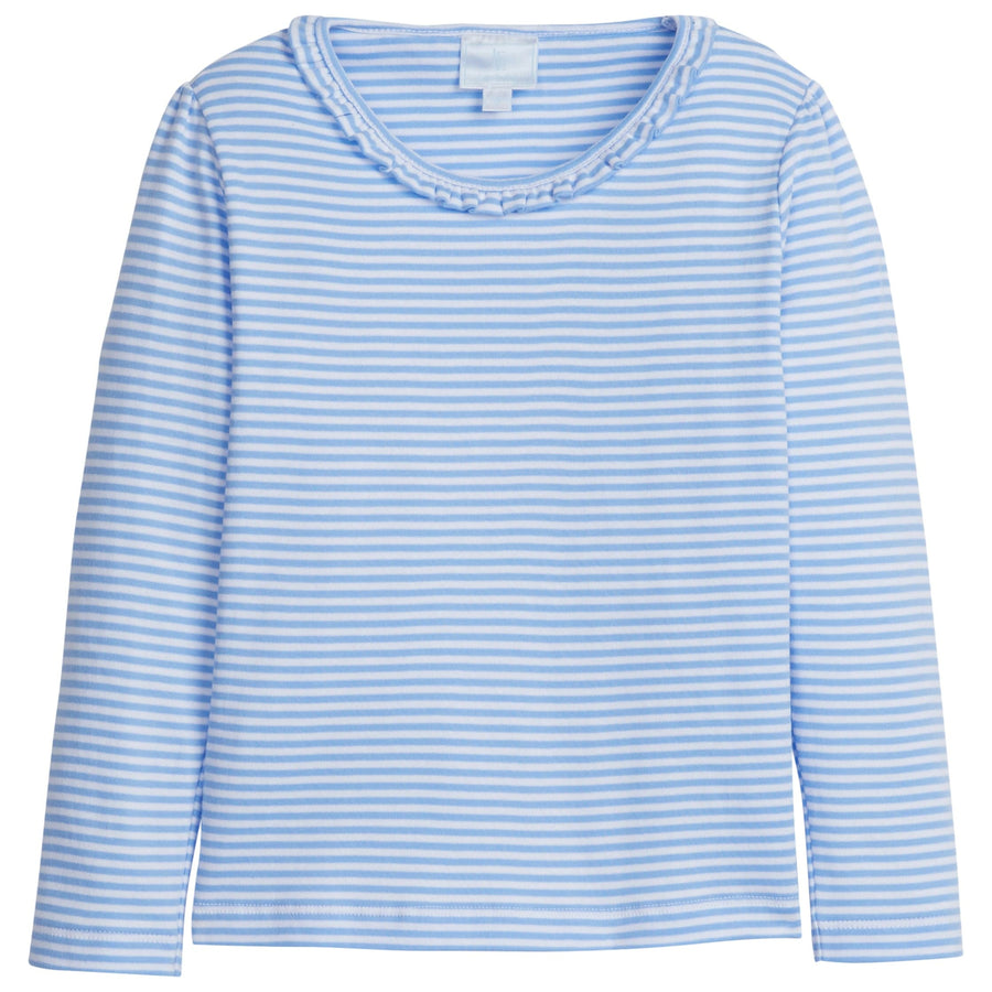 little english classic childrens clothing girls vista blue striped tee with ruffle neckline