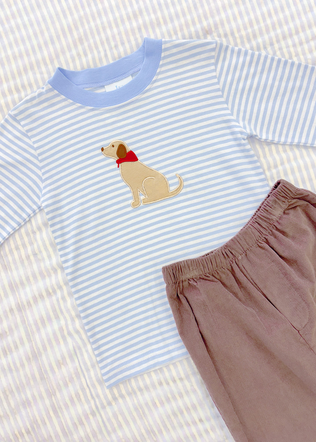 Little English blue striped long sleeve t-shirt with lab applique paired with chocolate corduroy pants