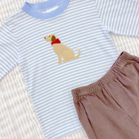 Little English blue striped long sleeve t-shirt with lab applique paired with chocolate corduroy pants