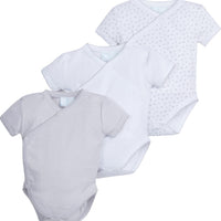 Little English traditional children's clothing. Set of 3 knit unisex onesies in grey stripe, white, and white with grey stars