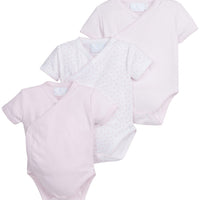 Little English traditional children's clothing. Set of 3 knit onesies in light pink stripe, light pink, and white with light pink stars for baby girls