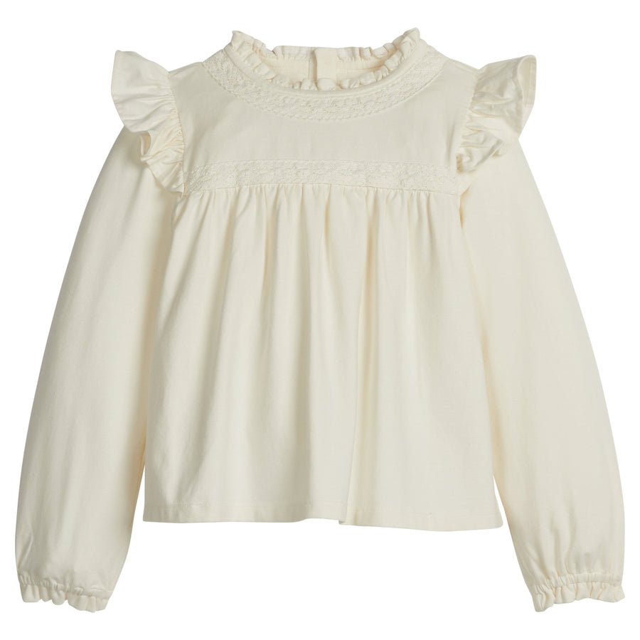 little english classic children's clothing girls long sleeve ruffle top in cream with lace details 
