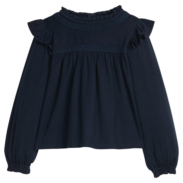 little english classic children's clothing girls navy long sleeve ruffle top with lace detailing a neck and chest 