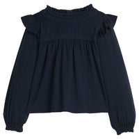 little english classic children's clothing girls navy long sleeve ruffle top with lace detailing a neck and chest 