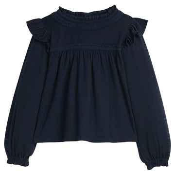 little english classic children's clothing girls navy long sleeve ruffle top with lace detailing a neck and chest 