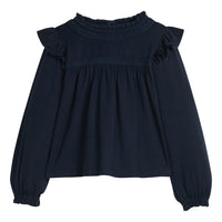 little english classic children's clothing girls navy long sleeve ruffle top with lace detailing a neck and chest 