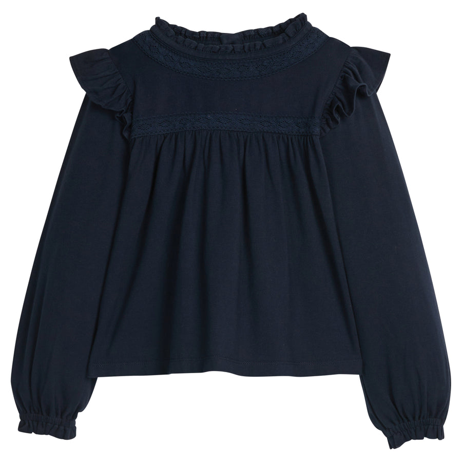 little english classic children's clothing girls navy long sleeve ruffle top with lace detailing a neck and chest 