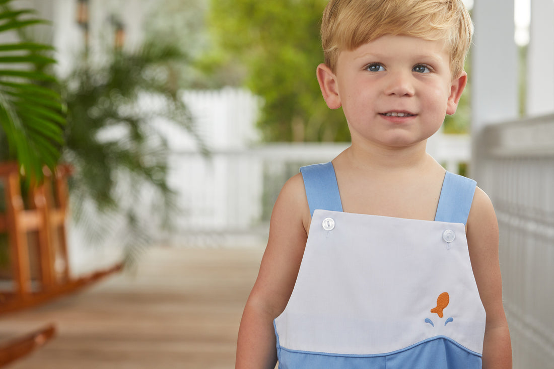 Little English Classic light blue and white shortall with applique goldfish on chest