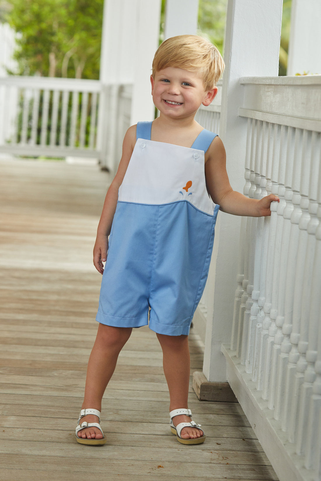 Little English Classic light blue and white shortall with applique goldfish on chest