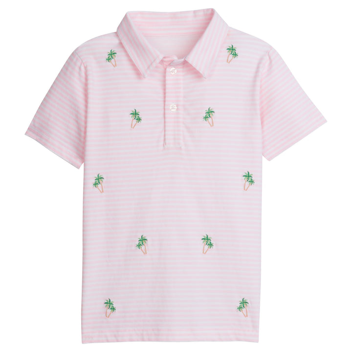 Little English traditional children's clothing, boy's casual light pink striped short-sleeve polo with embroidered palm trees for Summer