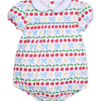 Little English traditional children's clothing.  Short sleeve white knit peter pan bubble with back to school print for baby girls