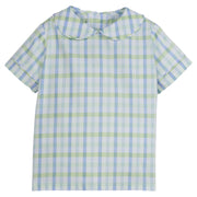 Little English traditional children's clothing, boy's classic shirt in blue and green plaid with peter pan collar for Spring, Wingate Plaid 