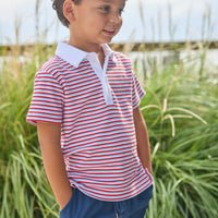 Little English classic short sleeve polo in red, white, and blue americana stripe. Sport short in navy. For little boy 