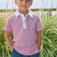 Little English classic short sleeve polo in red, white, and blue americana stripe. Sport short in navy. For little boy 