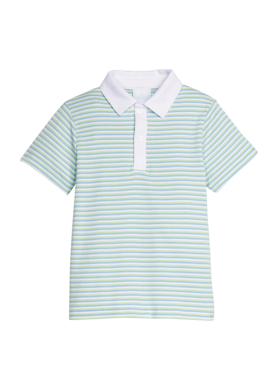 Little English classic short sleeve polo in green, blue, and white greenview stripe for little boy 