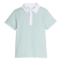 Little English classic short sleeve polo in green, blue, and white greenview stripe for little boy 