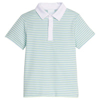 Little English classic short sleeve polo in green, blue, and white greenview stripe for little boy 