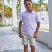 Little English classic children's clothing, boy's traditional short with zipper and belt loops in khaki twill for spring