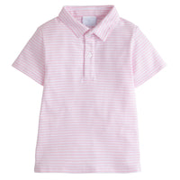 Little English classic boy's polo for spring, traditional short sleeve soft cotton polo in light pink stripe