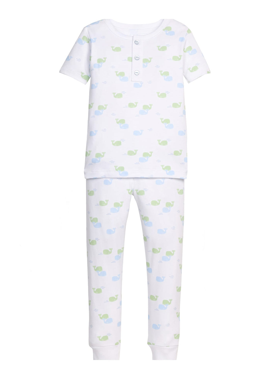Little English classic short sleeve printed jammies with blue and green whale motifs, for little boy 