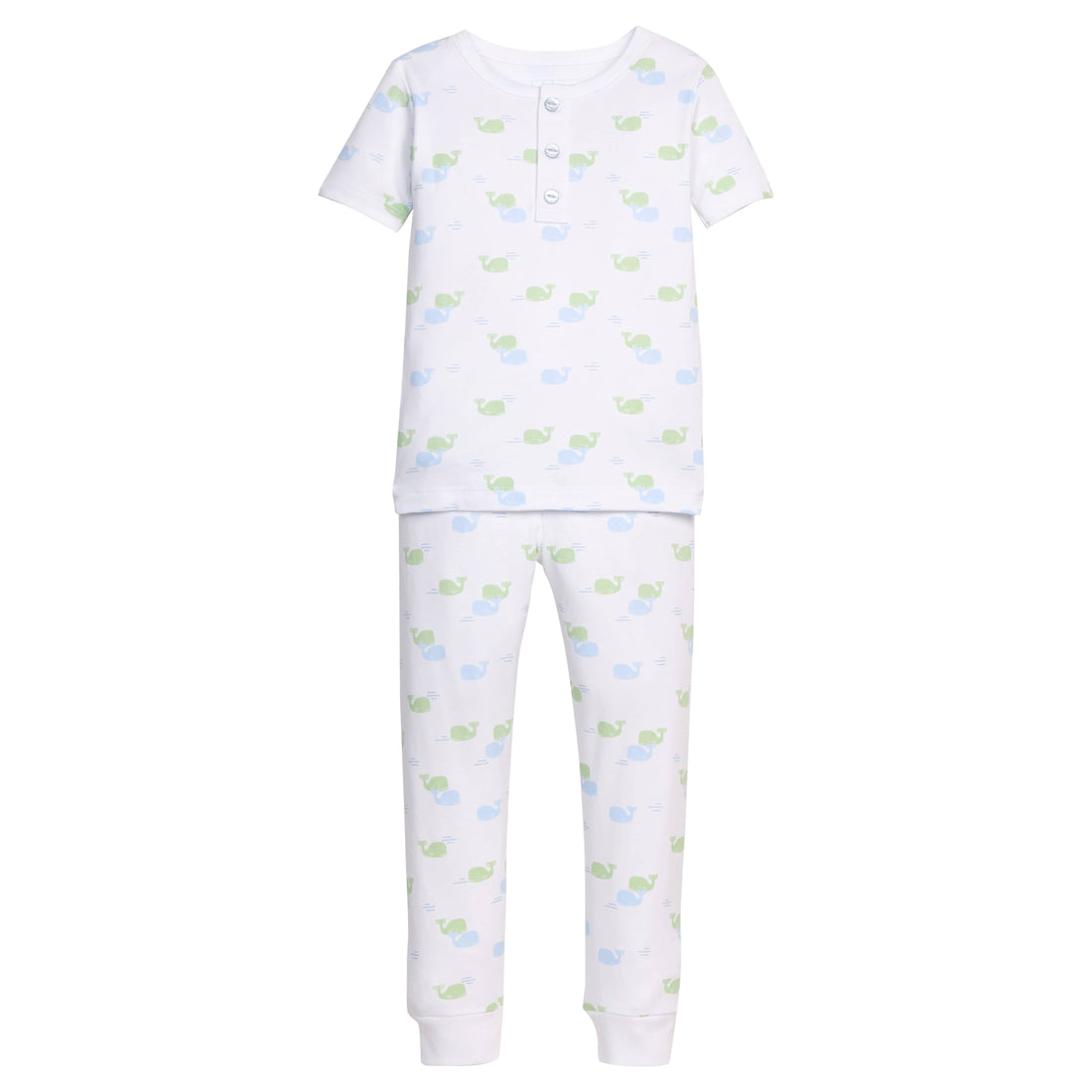 Little English classic short sleeve printed jammies with blue and green whale motifs, for little boy 