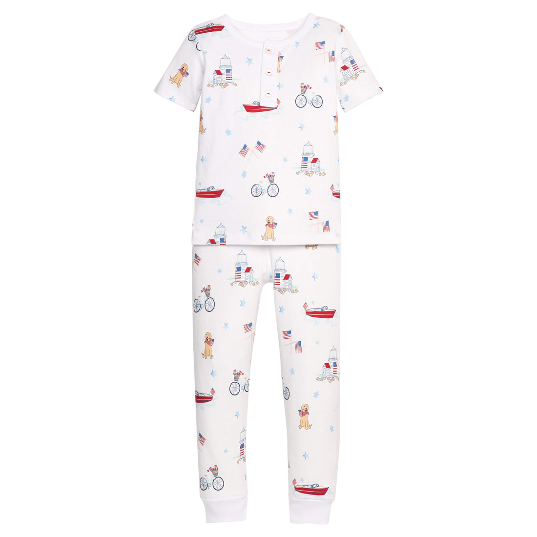 Little English classic short sleeve printed jammies with dog, flag, boat, lighthouse, bike, and star motifs for the fourth of july, for little boy 