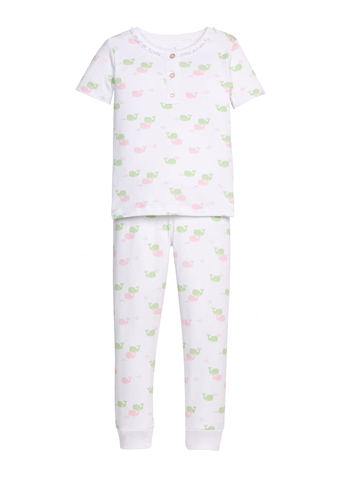 Little English classic short sleeve ruffled printed jammies with pink and green whale motifs, ruffles around neckline, for little girl 
