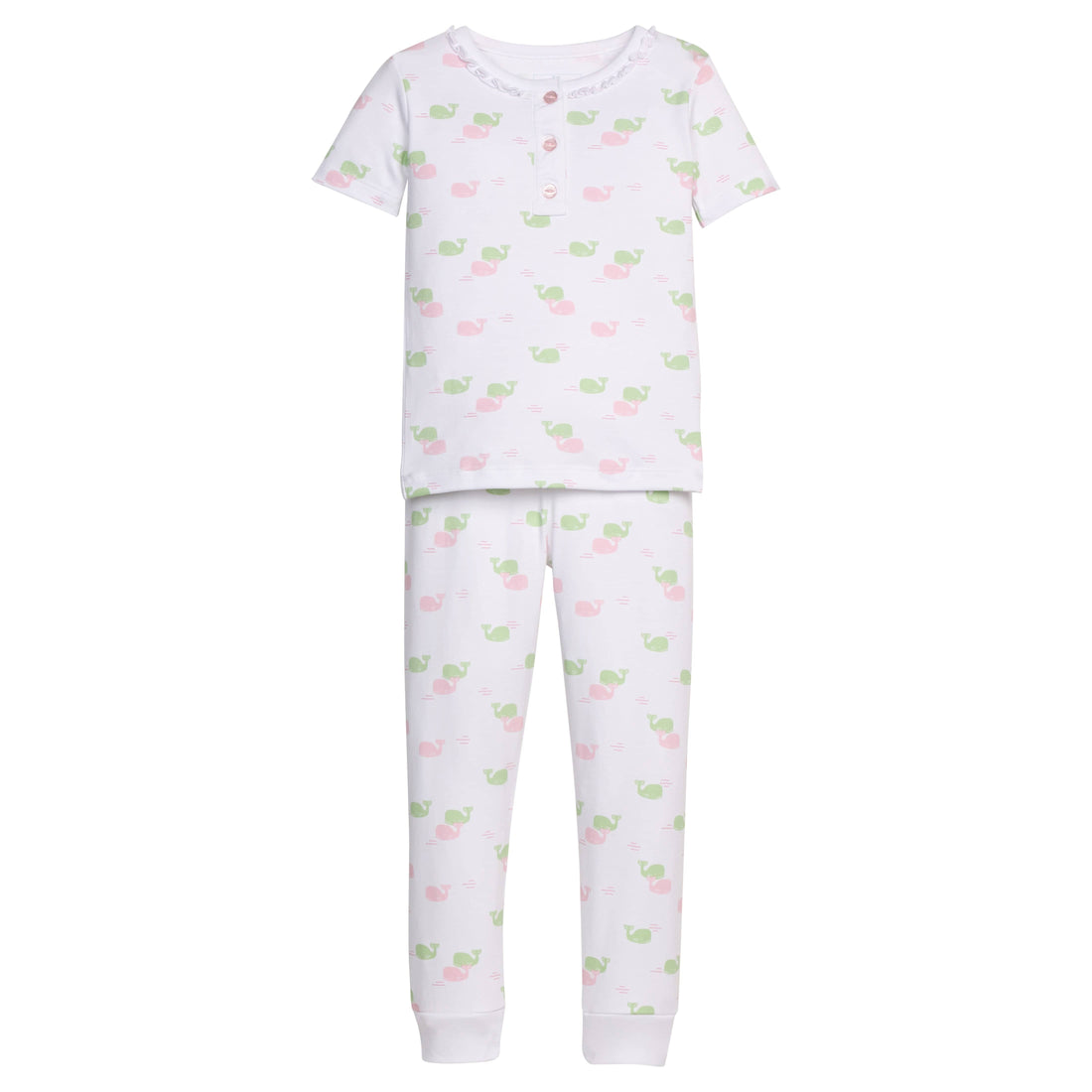 Little English classic short sleeve ruffled printed jammies with pink and green whale motifs, ruffles around neckline, for little girl 