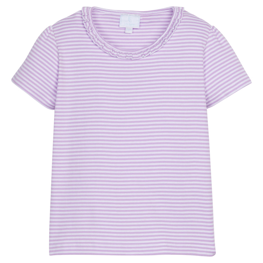 Little English traditional children's clothing, girl's casual lavender and white striped tee with ruffle scoop neck for Spring