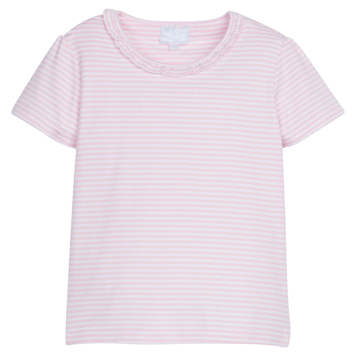 Little English traditional children's clothing, girl's casual pink and white striped tee with ruffle scoop neck for Spring