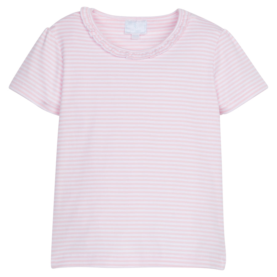 Little English traditional children's clothing, girl's casual pink and white striped tee with ruffle scoop neck for Spring