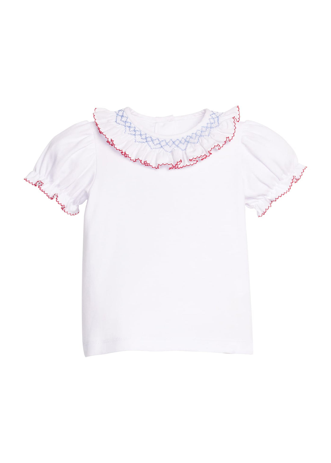 Little English classic short sleeve smocked madeline blouse, blue and red detailing in neckline and sleeves, smocking and ruffle around neck, for little girl 