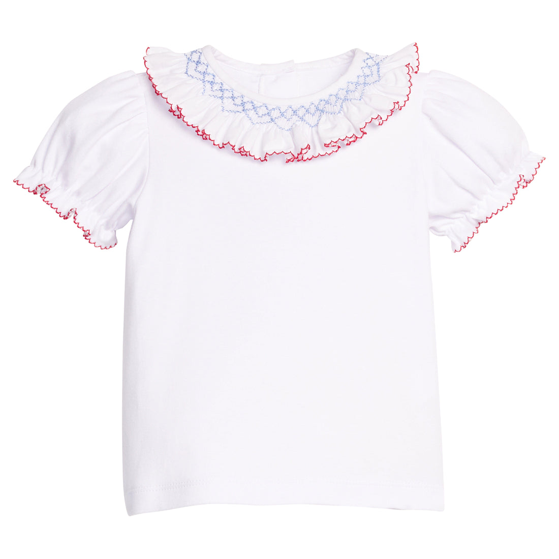 Little English classic short sleeve smocked madeline blouse, blue and red detailing in neckline and sleeves, smocking and ruffle around neck, for little girl 