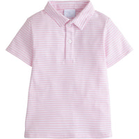 Little English classic boy's polo for spring, traditional short sleeve soft cotton polo in light pink stripe