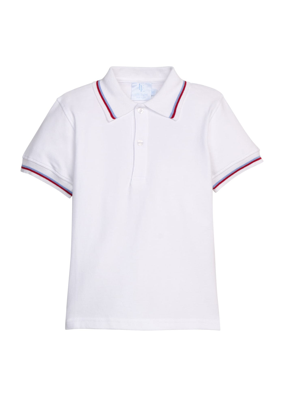 Little English classic short sleeve tipped polo with blue and red stripe detailing on collar and sleeves, for little boy