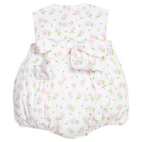 Little English traditional children's clothing.  White sleeveless smocked bubble with pink and green florals for baby girls