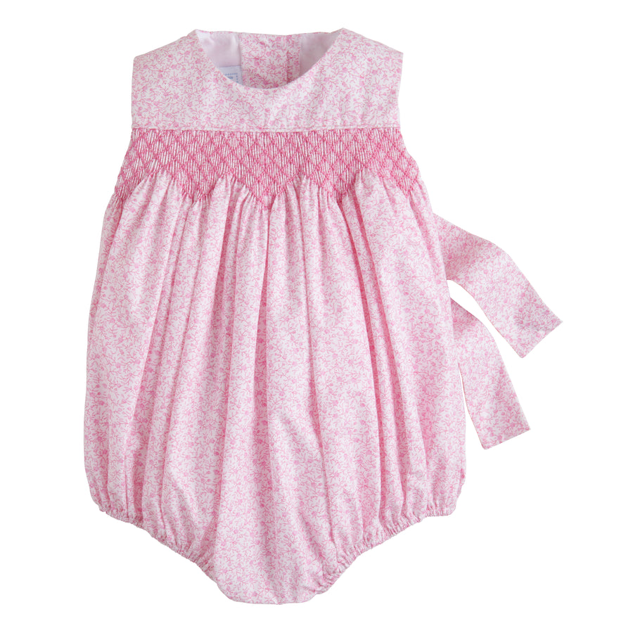 Little English traditional children's clothing, baby girl's smocked bubble with sash, light pink floral sleeveless bubble