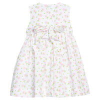 Little English traditional children's clothing.  White sleeveless smocked dress with pink and green florals for little girls
