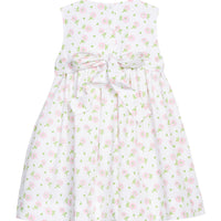 Little English traditional children's clothing.  White sleeveless smocked dress with pink and green florals for little girls