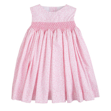 Little English traditional children's clothing, toddler girl's smocked dress with sash, light pink floral sleeveless dress