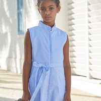 Little English traditional children's clothing, girl's classic light blue thin stripe dress with high neck, ruffle detail down the placket, and a tie waist for Spring