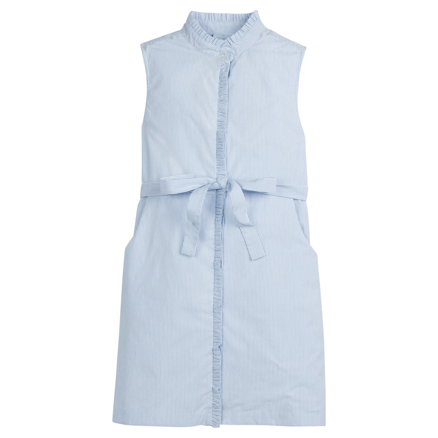 Little English traditional children's clothing, girl's classic light blue thin stripe dress with high neck, ruffle detail down the placket, and a tie waist for Spring