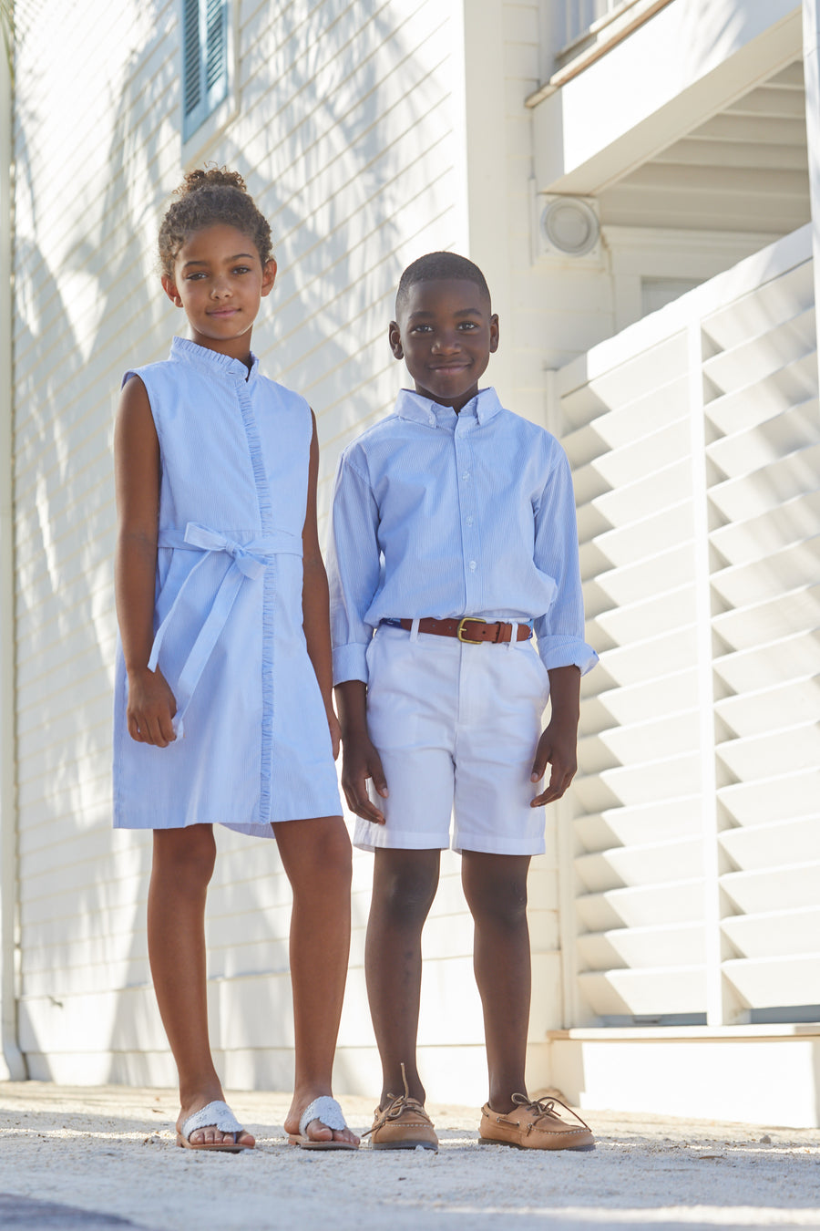 Little English traditional children's clothing, boy's classic light blue thin stripe button down for Spring
